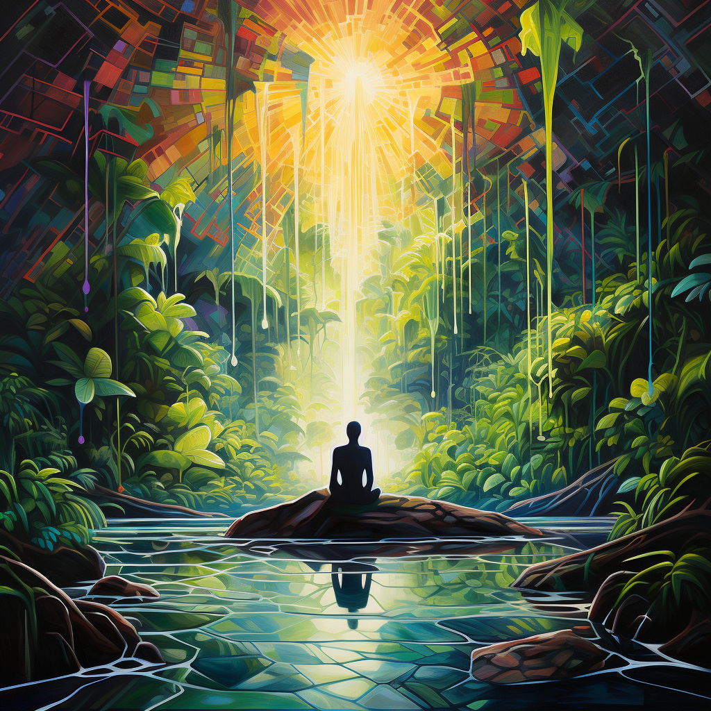 Image of a meditating man surrounded by a serene rainforest