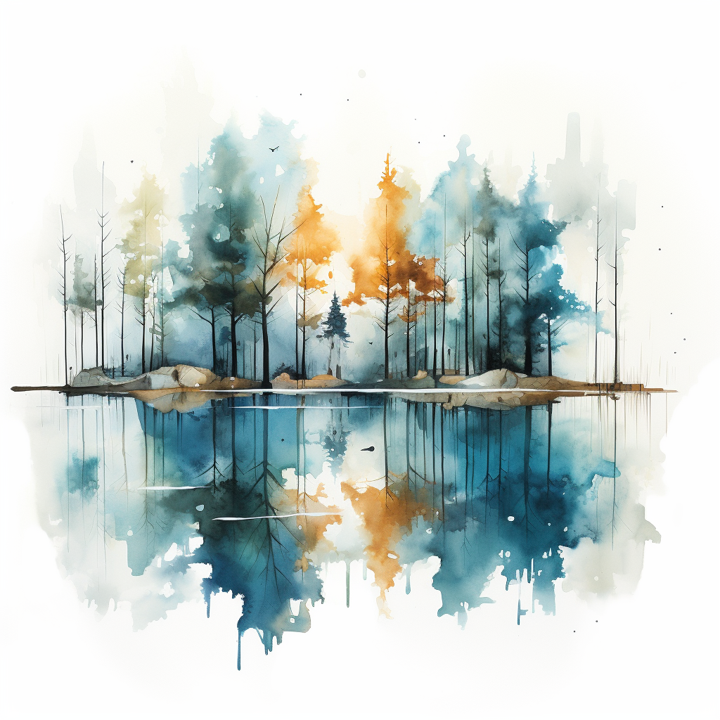 Abstract lake with trees reflection artwork