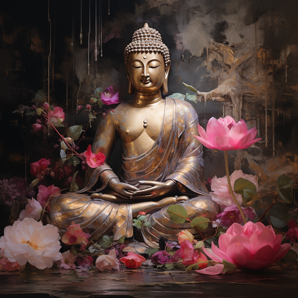 Lifelike Buddha surrounded by vibrant flowers and magical lighting