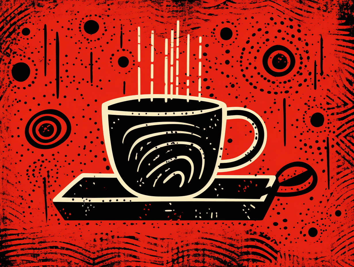 Abstract linocut coffee cup with mysterious symbols and shapes