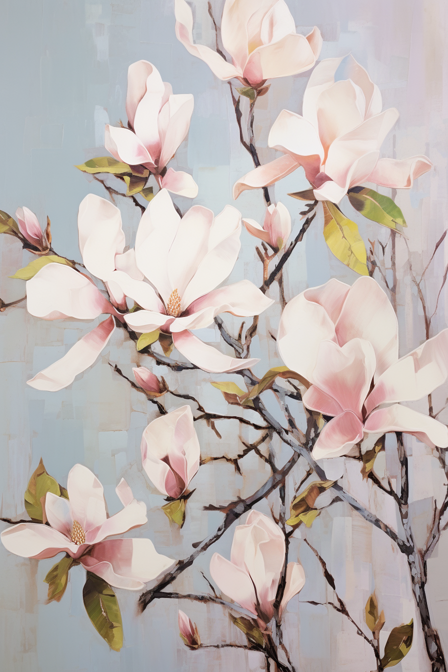 Visualize abstract magnolia blossoms in full bloom