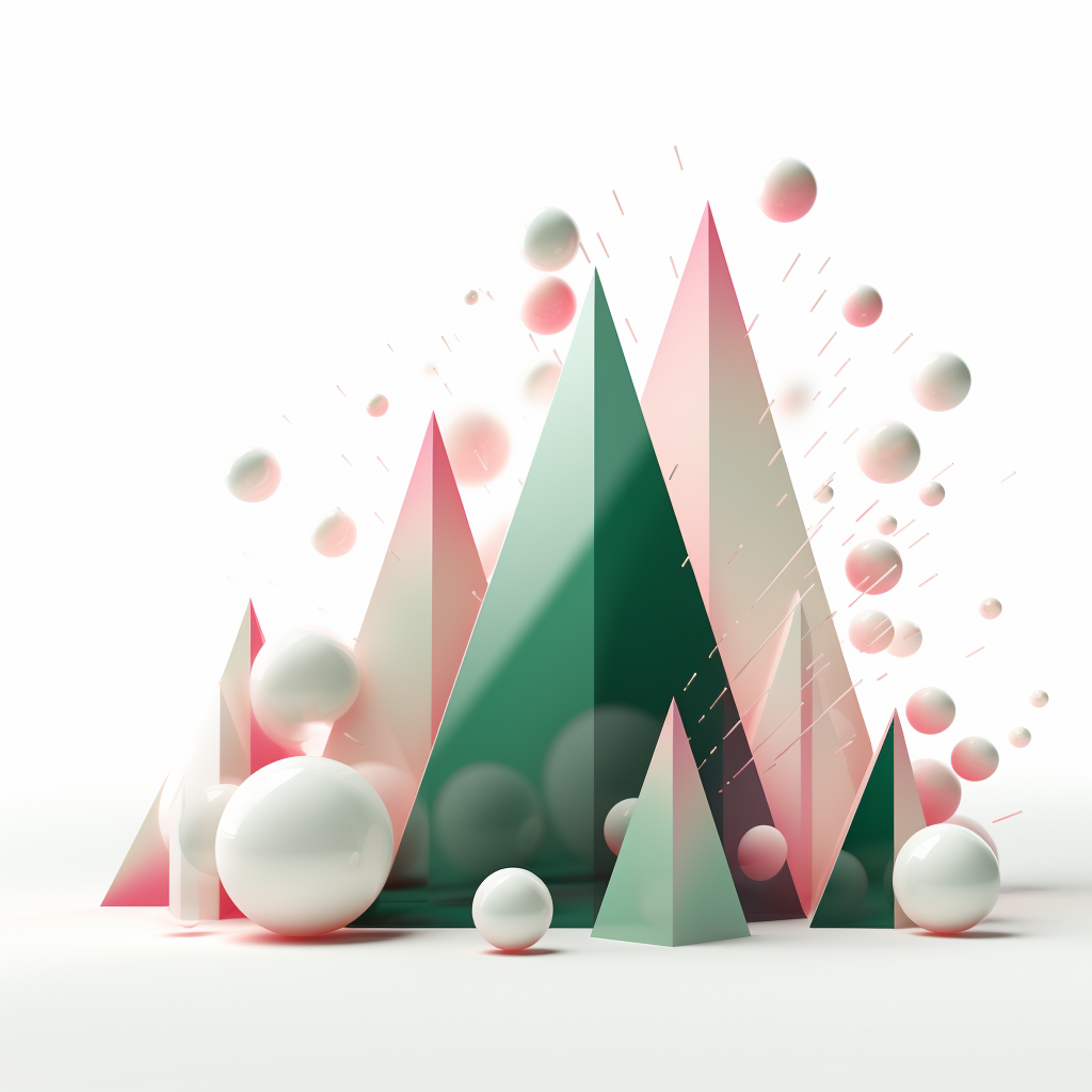 Abstract metal pyramids in pink on deep green