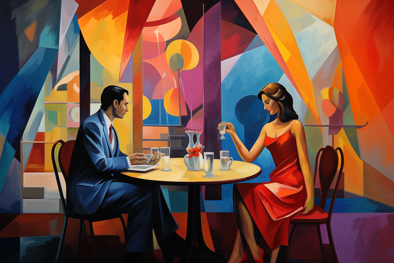 Man and woman drinking coffee inside a café