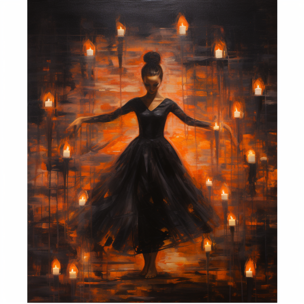 Abstract oil painting of a female dancer surrounded by candles