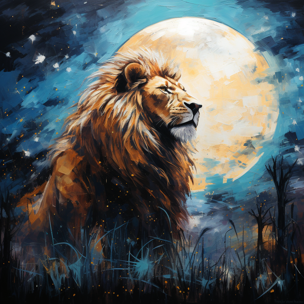 Abstract painting of a male lion in moonlight