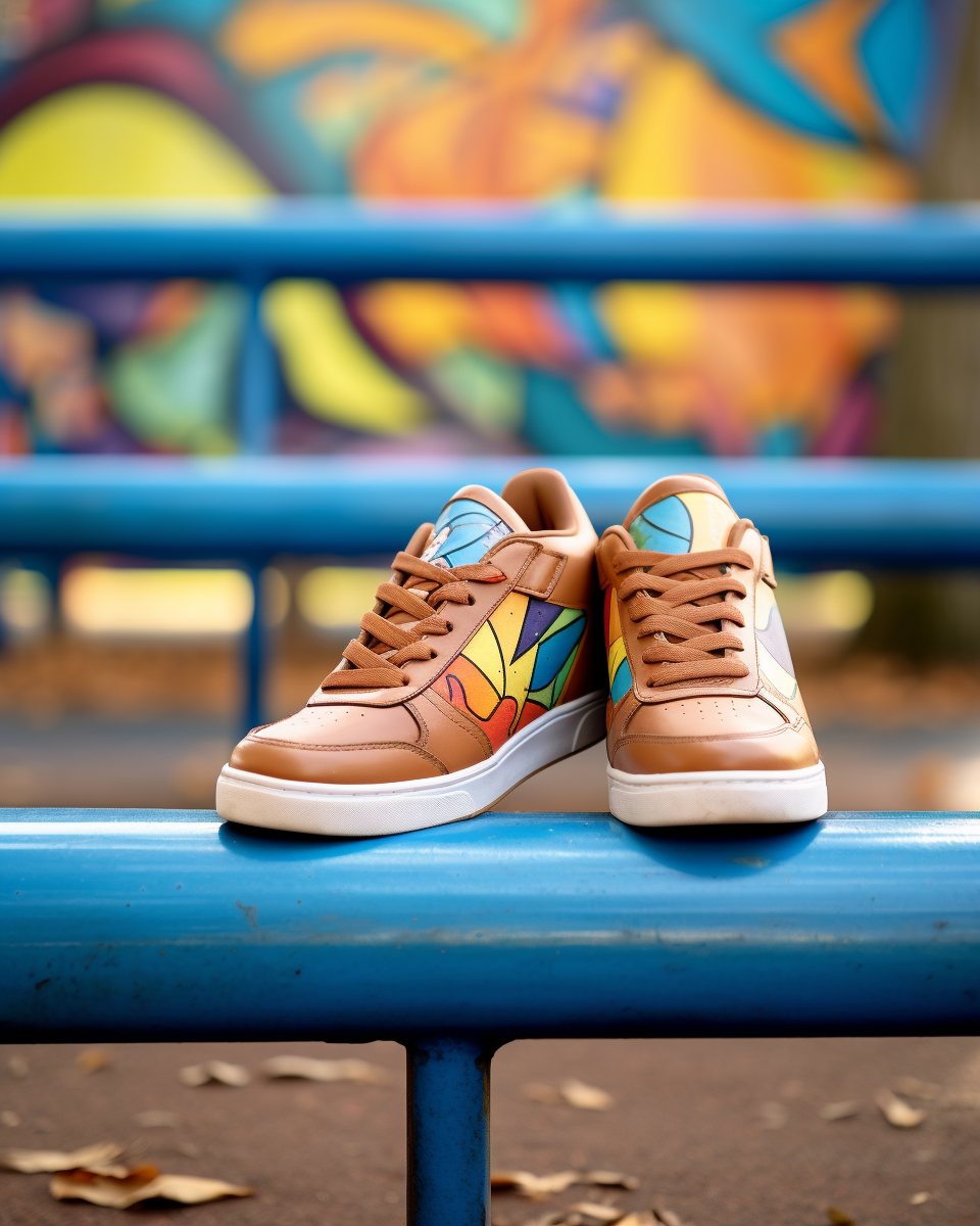 Colorful shoes on park bench