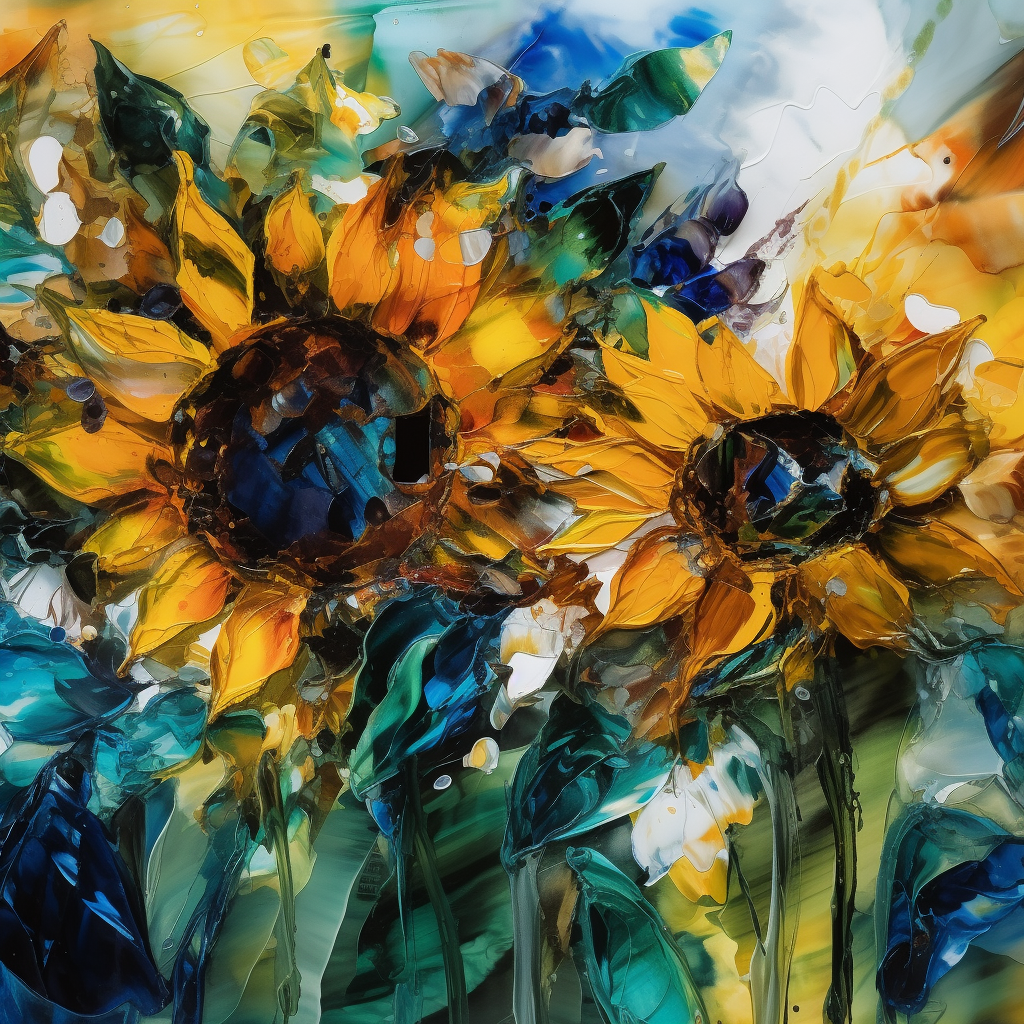 Colorful abstract sunflower artwork with alcohol ink.