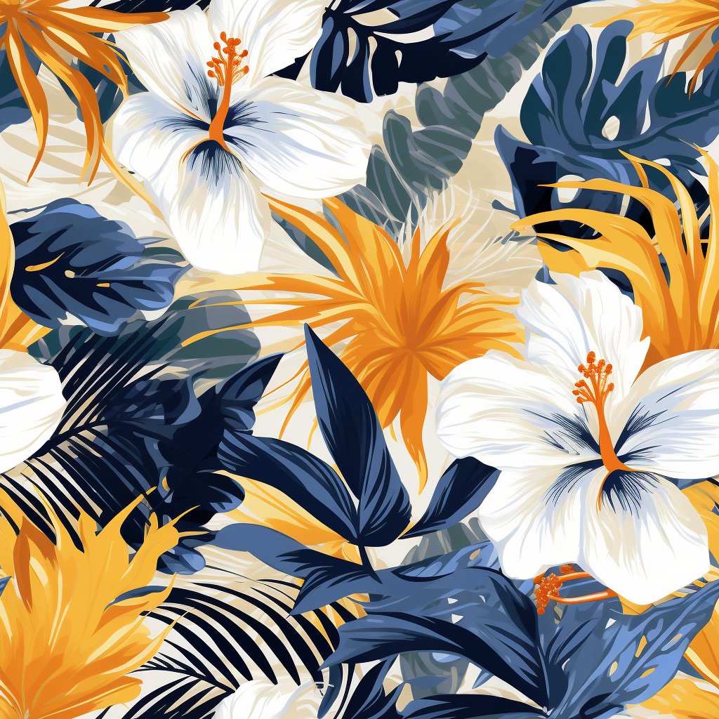 Abstract tropical floral pattern with hibiscus and palm leaves