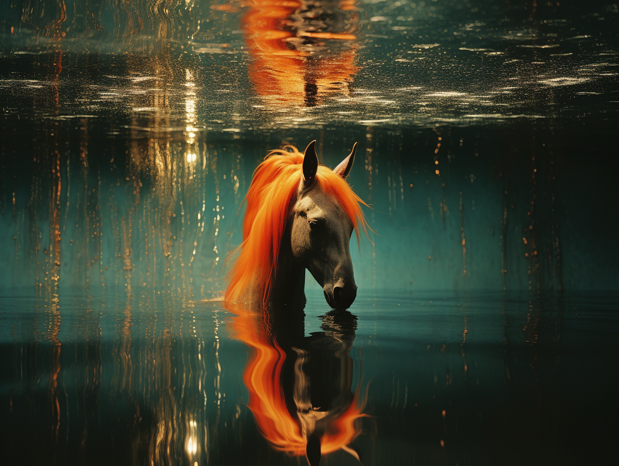 Abstract unicorn reflections in dark orange and light azure