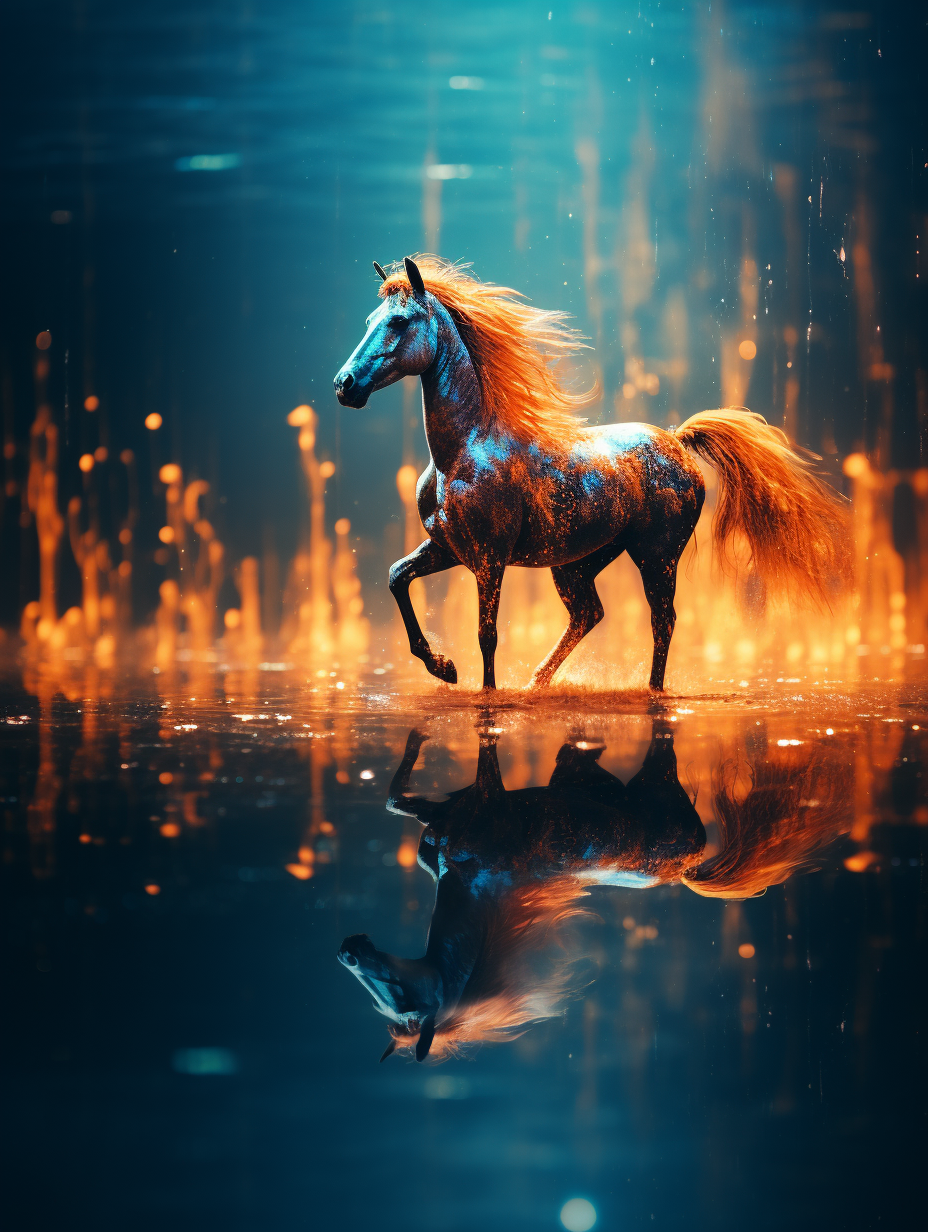 Abstract unicorn reflections in orange and azure