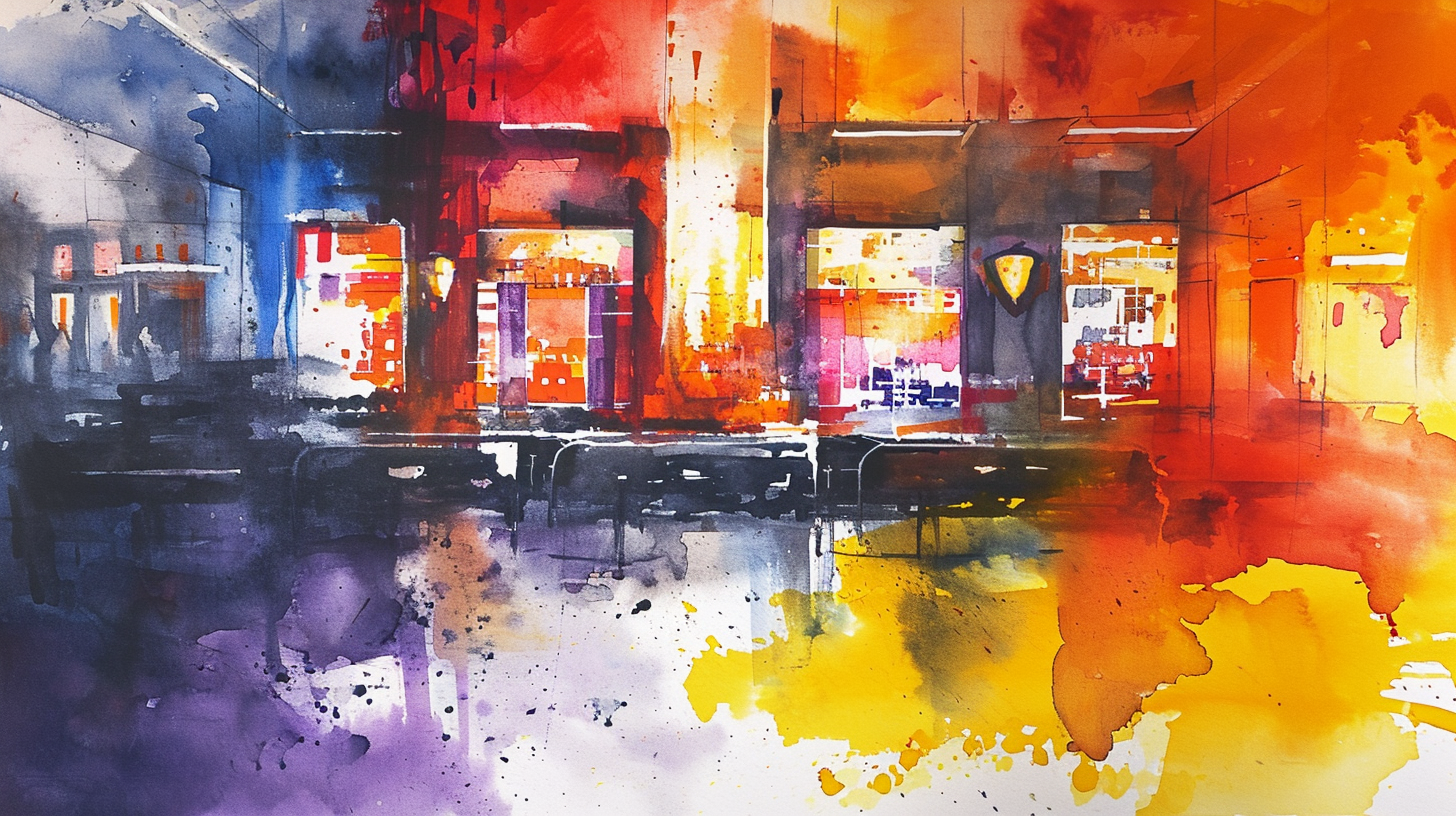 Abstract watercolor painting with concession lobby sketch