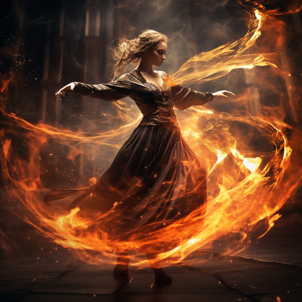 Abstract dancer in medieval witch attire with fiery cinematic lighting