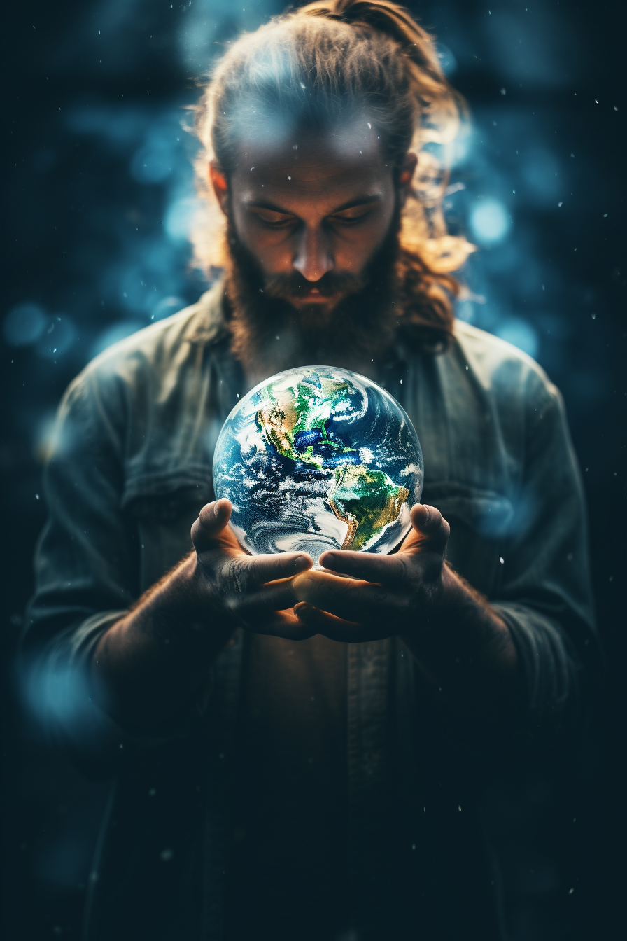 Artistic double exposure of a man with a man-bun holding Earth