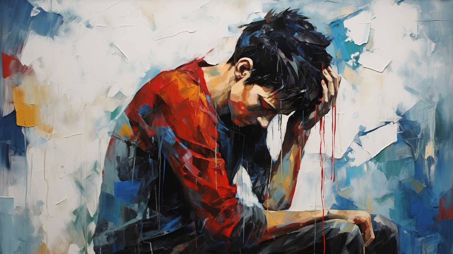 Abstract painting with sad man on a road