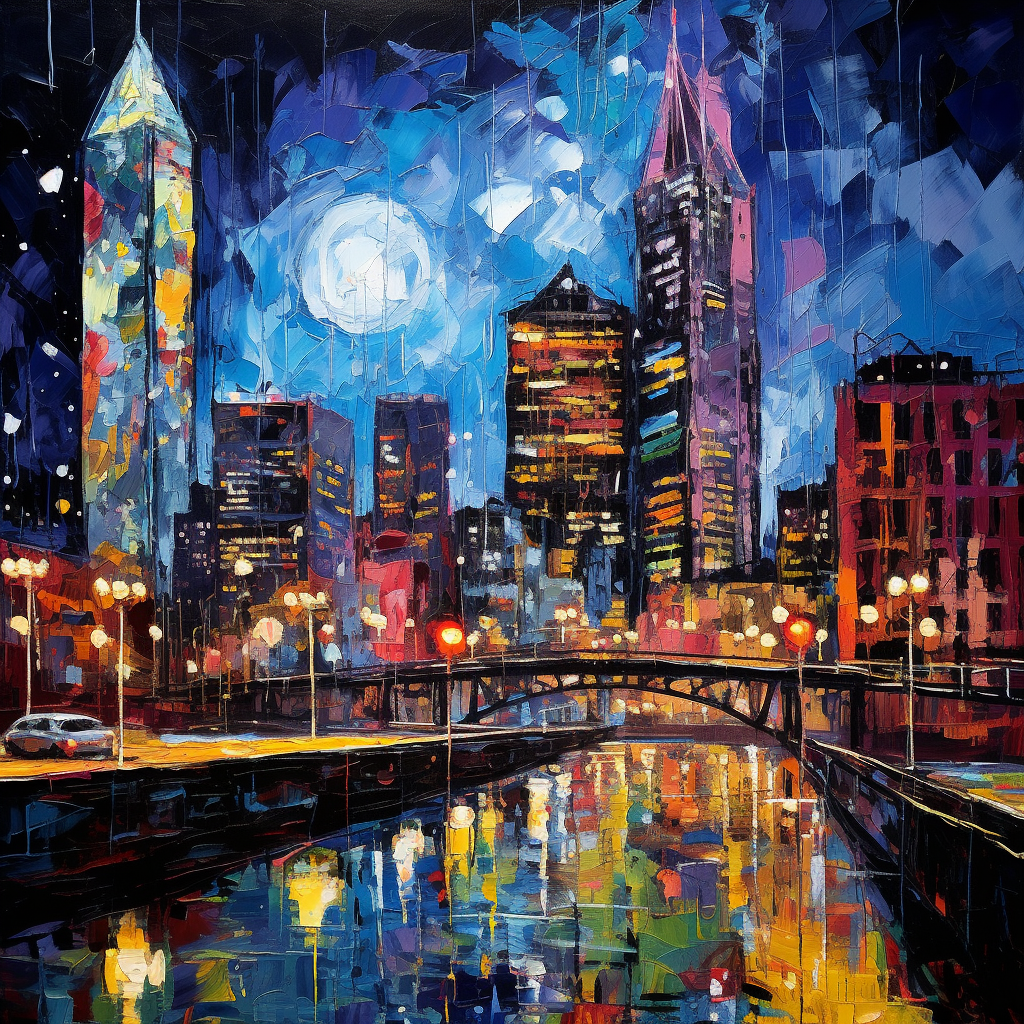 Colorful cityscape painting with thick palette knife strokes