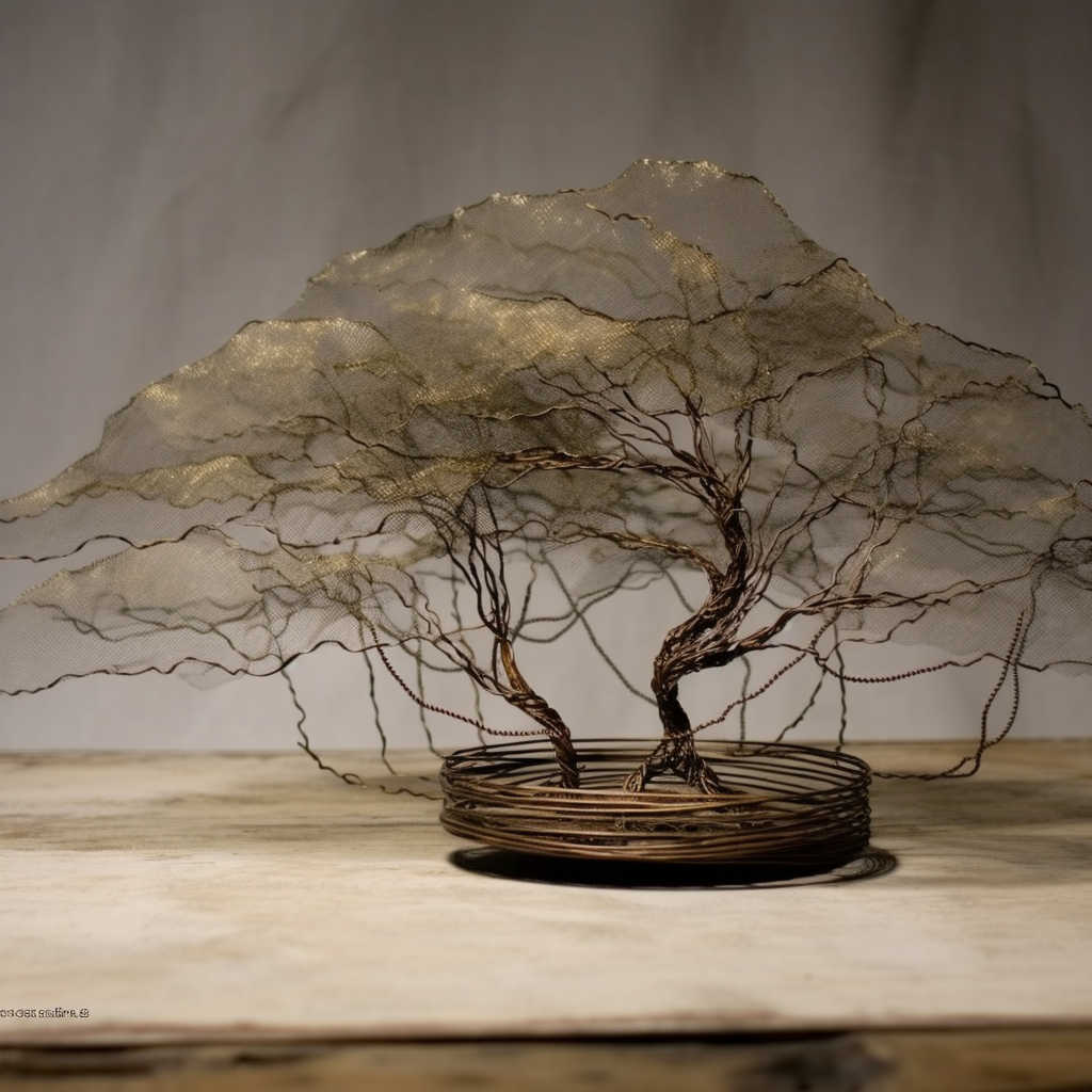 Abstract wire bonsai tree in double exposure