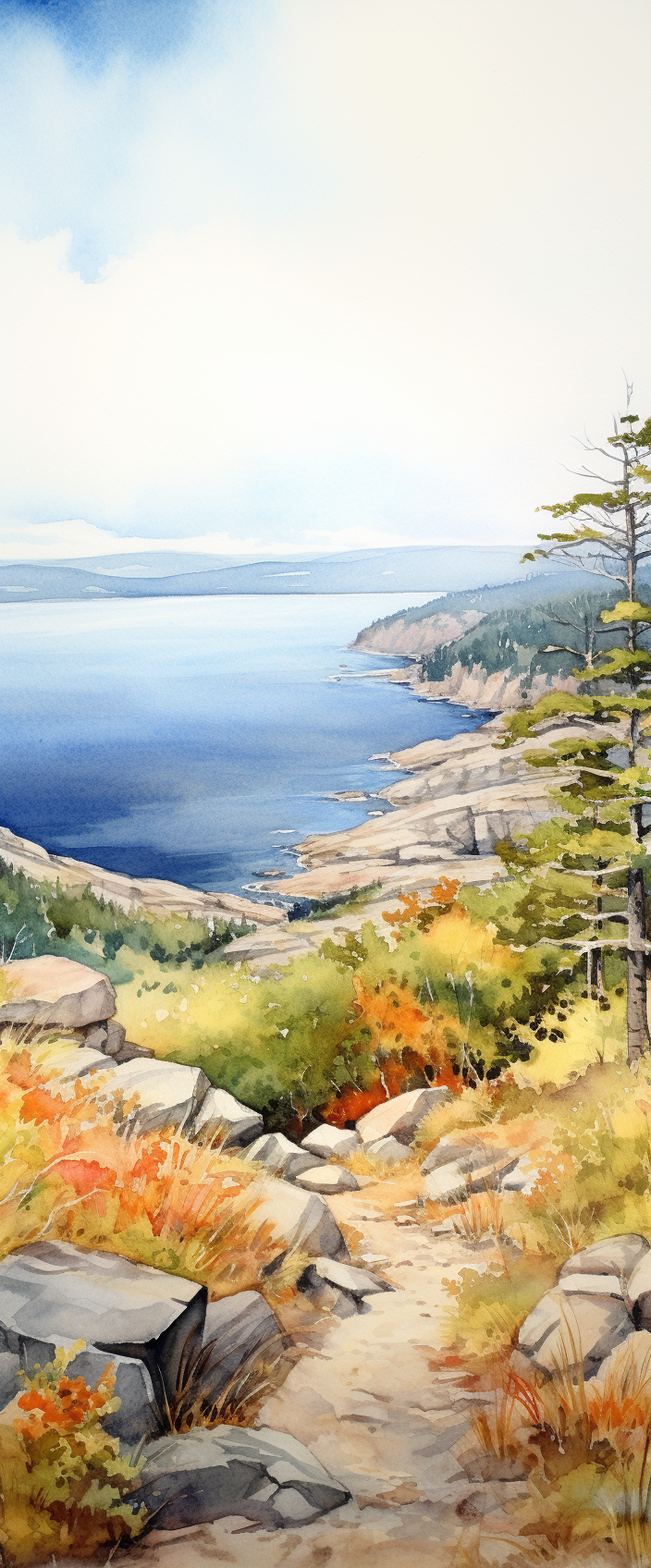 Watercolor painting of Acadia National Park view