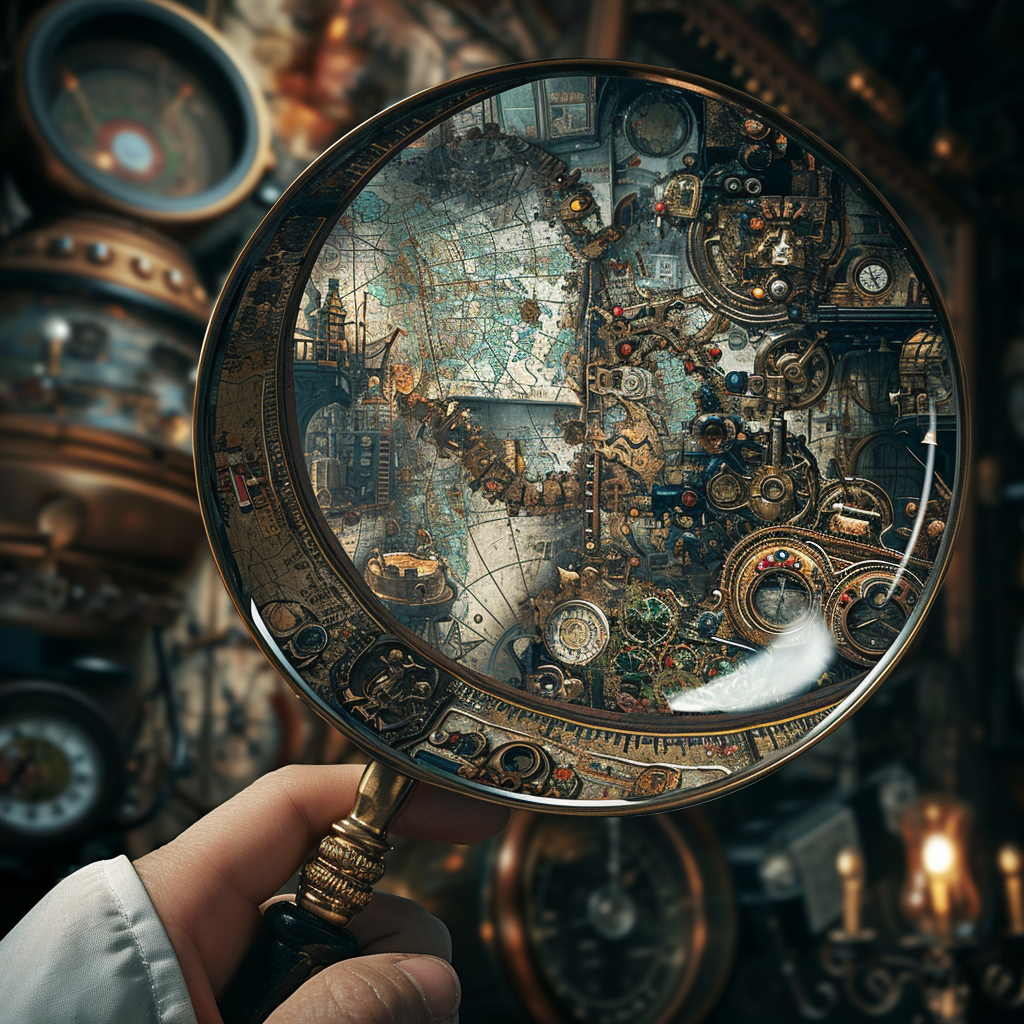 Scientist examining steampunk environment with magnifying glass