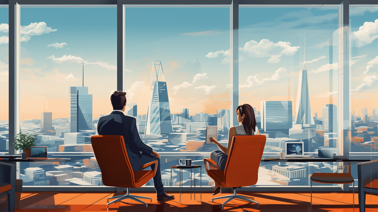 Account manager and clients in office with city skyline