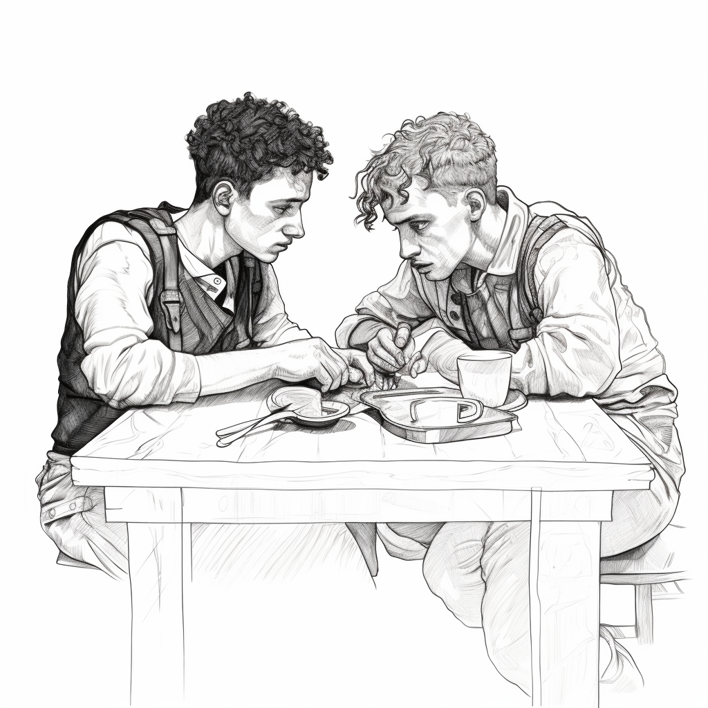 Black and white sketch of Achilles and Patroclus eating