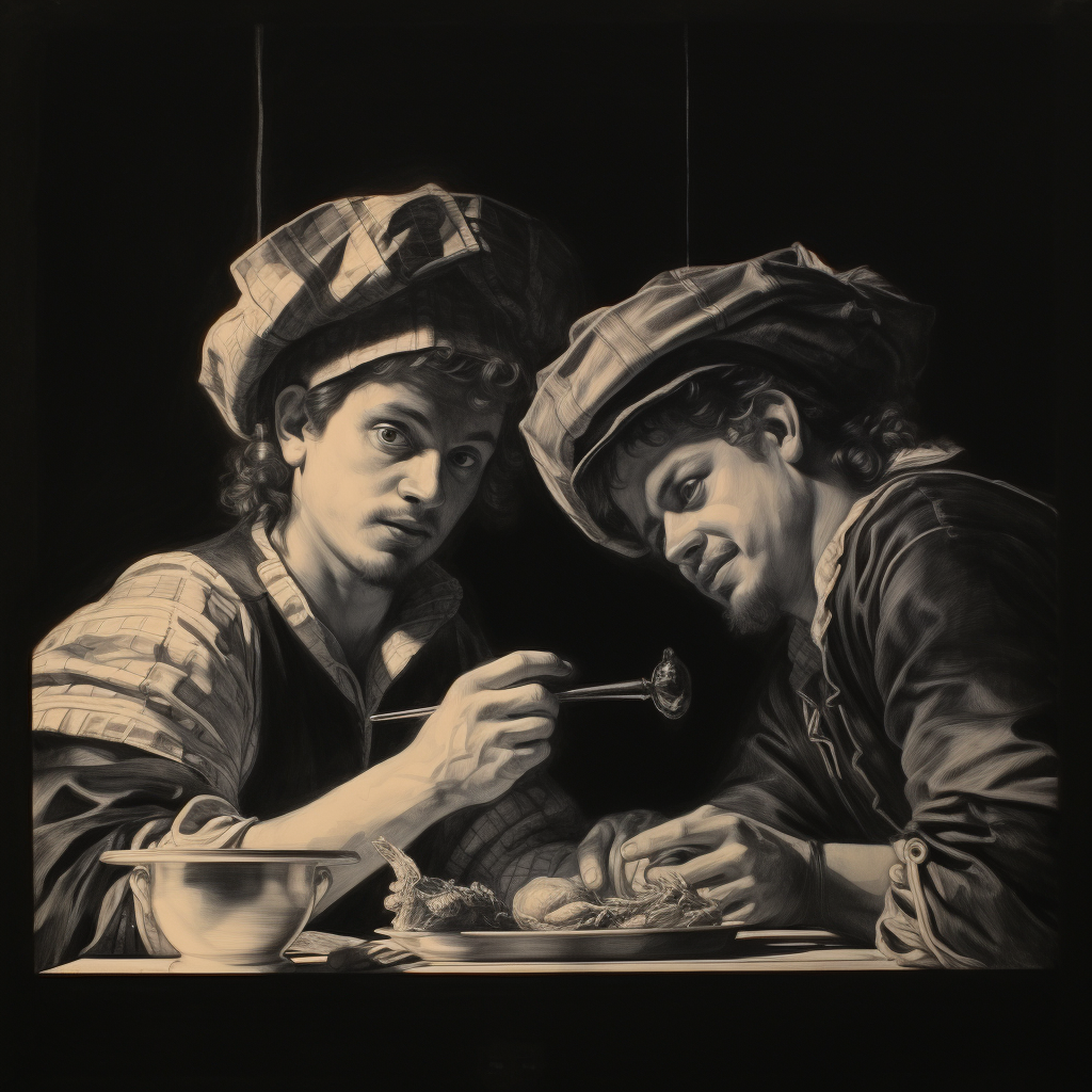 Sketch of Achilles and Patroclus eating at a table