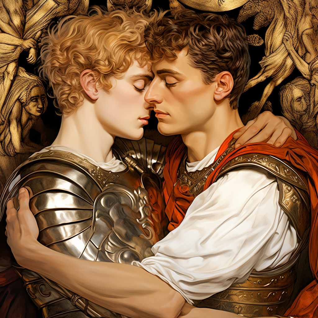 Embracing of Achilles and Patroclus in Leyendecker-Rockwell Style