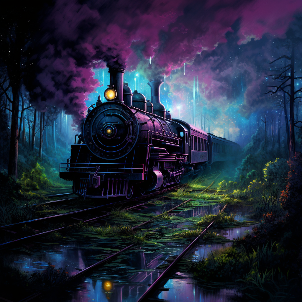 Mystical acid train in dark trippy scene