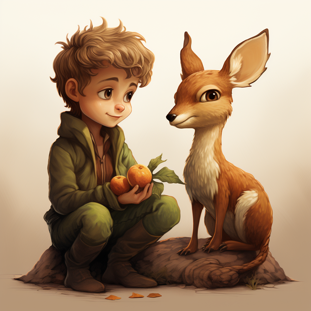 Illustration of Acorn and Fawn sitting on a chestnut