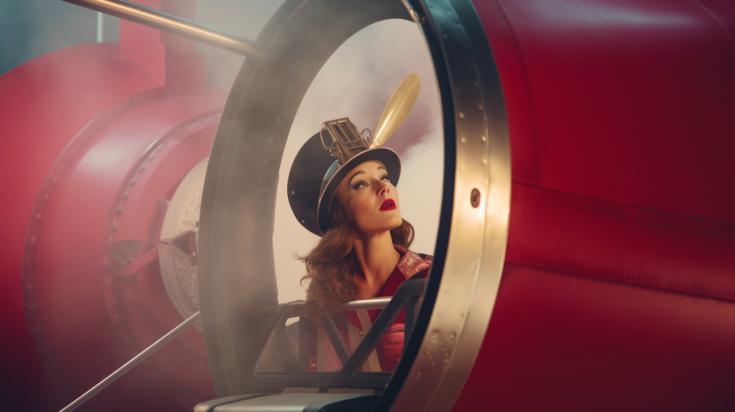 Business woman acrobat in colorful helmet inside circus cannon