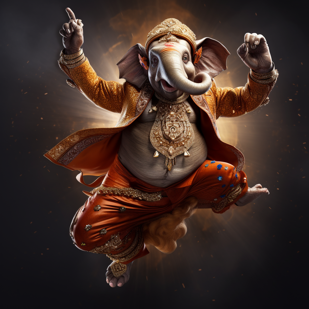 Acrobatic Lord Ganesha performing a flying kick