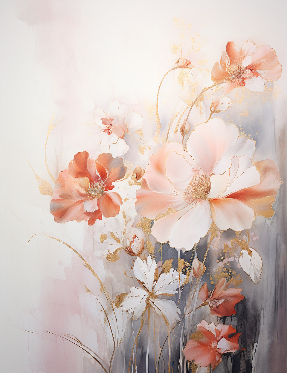 Delicate floral studies with acrylic, gold, and watercolor