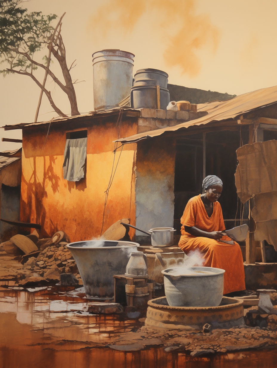 Acrylic painting of elderly African woman washing clothes