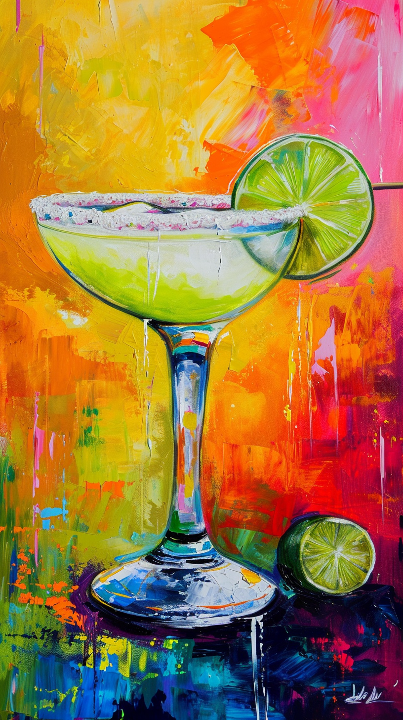 Margarita glass with salted rim on vibrant background