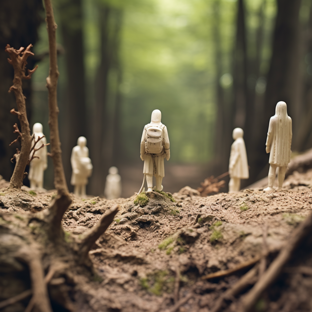 Small action figure people in dying forest