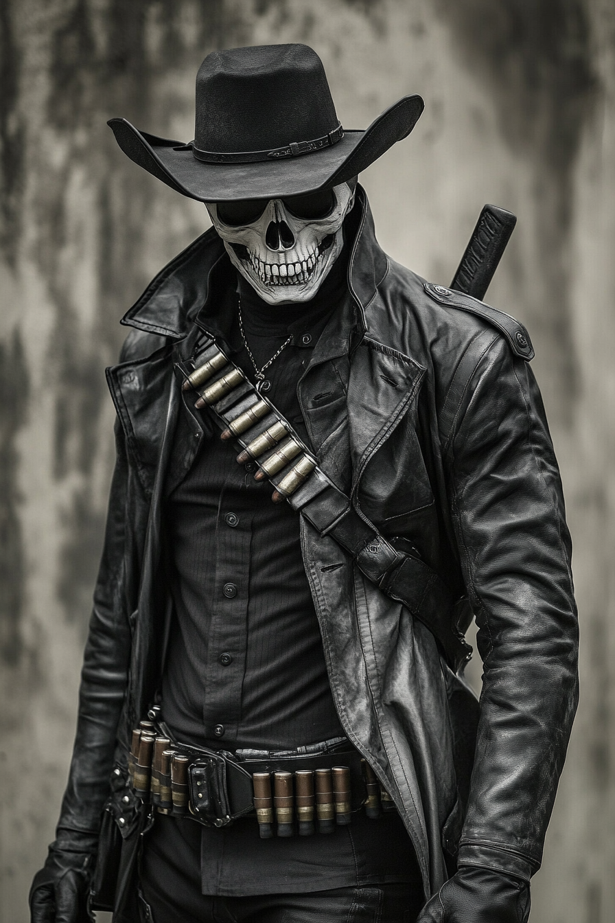 Skeleton cowboy in trench coat