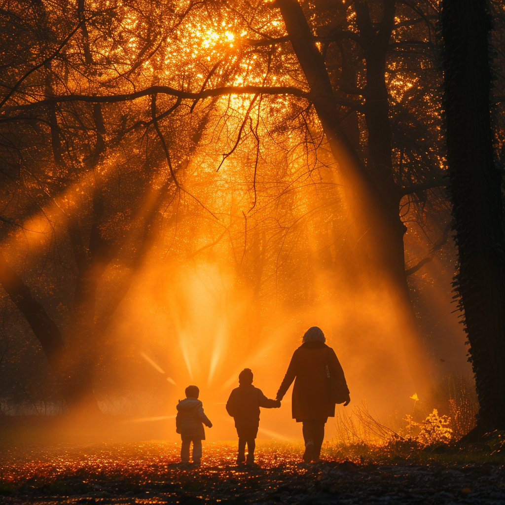 Elderly woman walking with grandchildren in a park