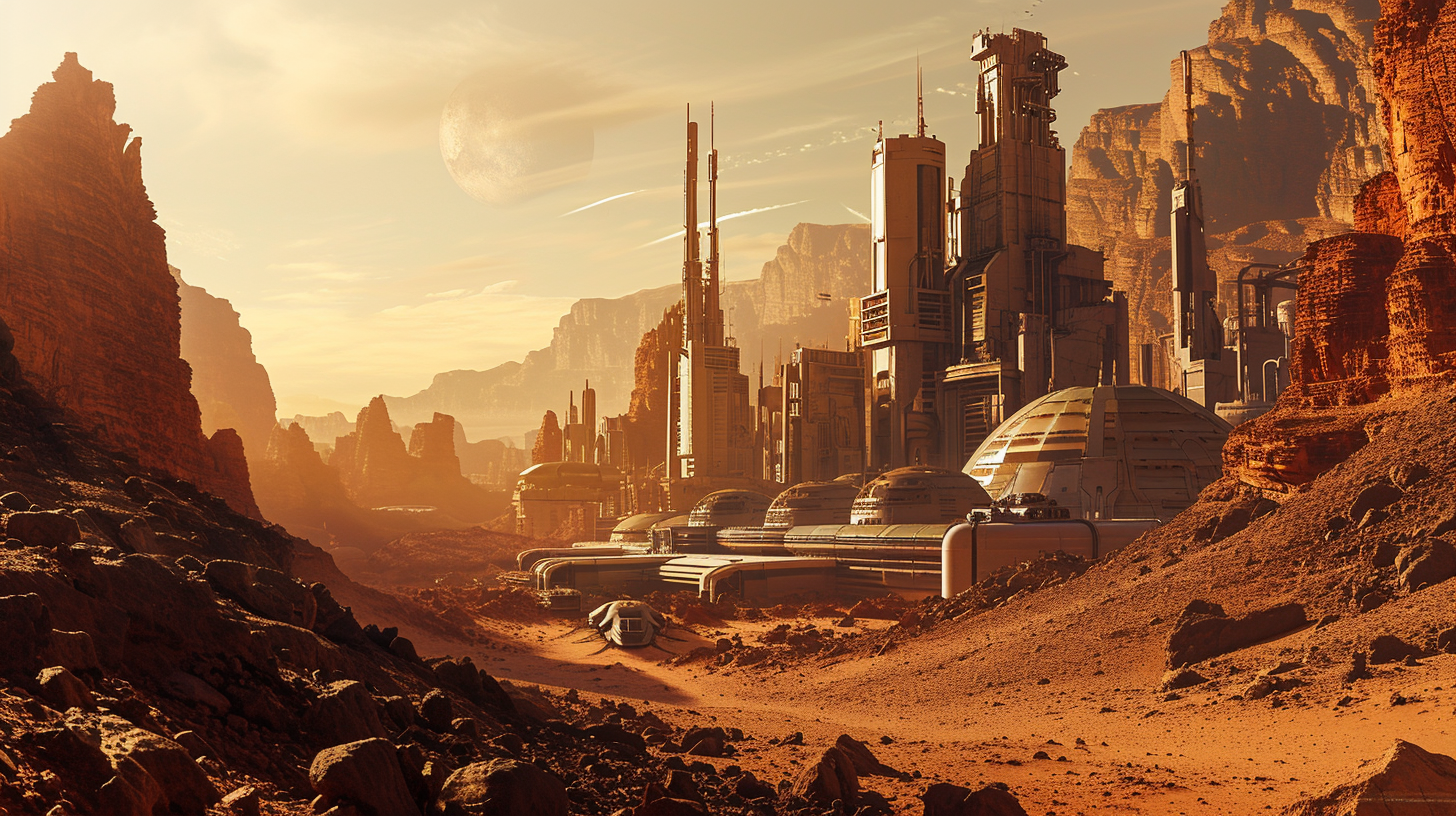 View of active industrial city on Mars