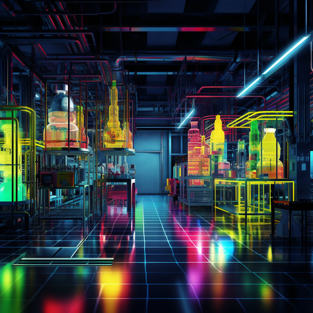 Active laboratory at night with neon colors