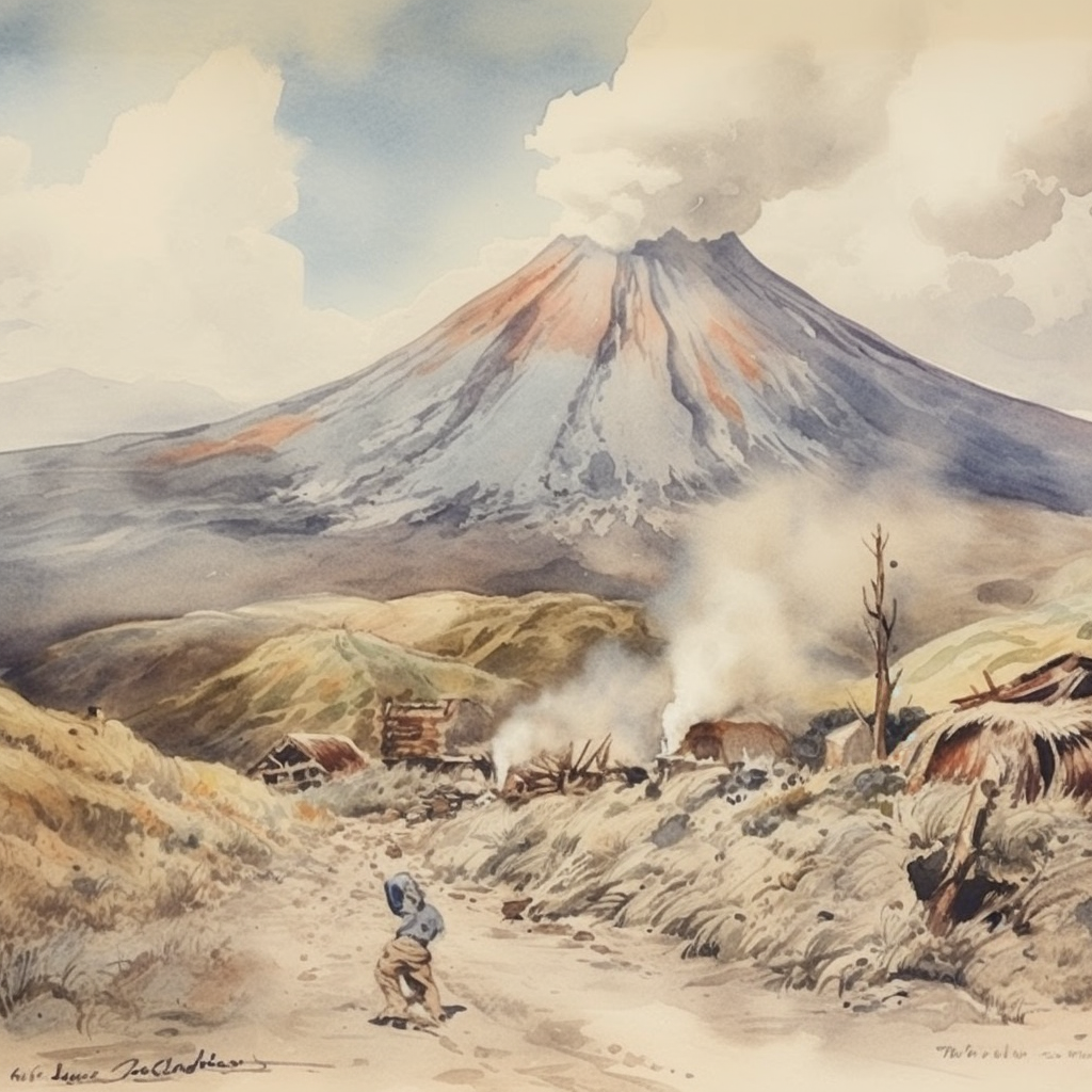 Watercolor of Active Volcano with Pug