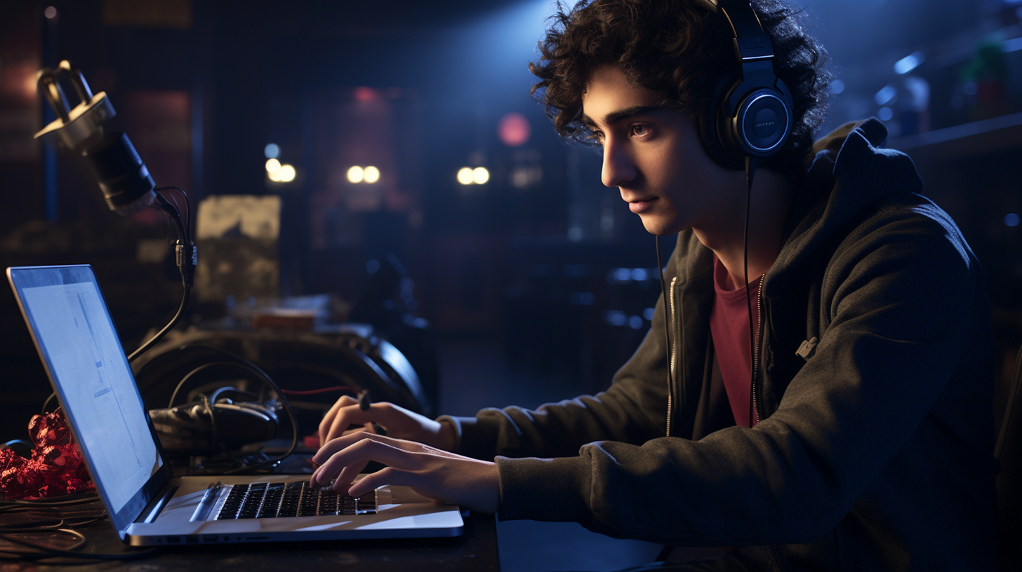 Actor Alex Wolff typing on movie set