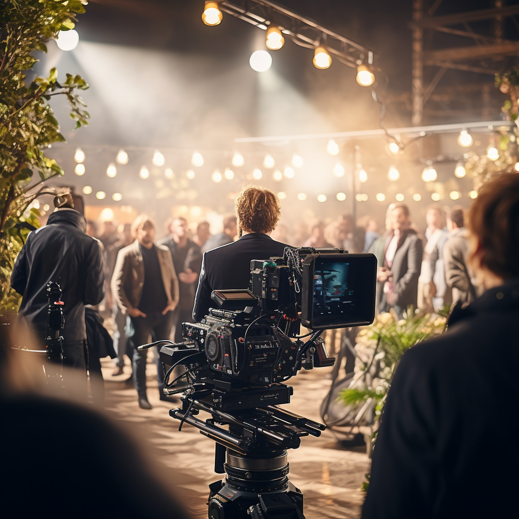 Actors on Movie Set with Cameras and Lighting