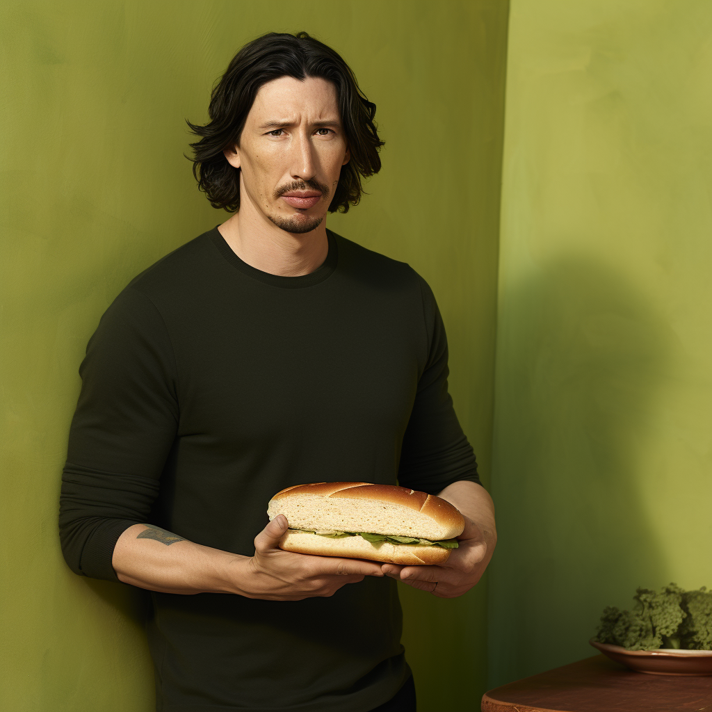 Adam Driver holding up sandwich