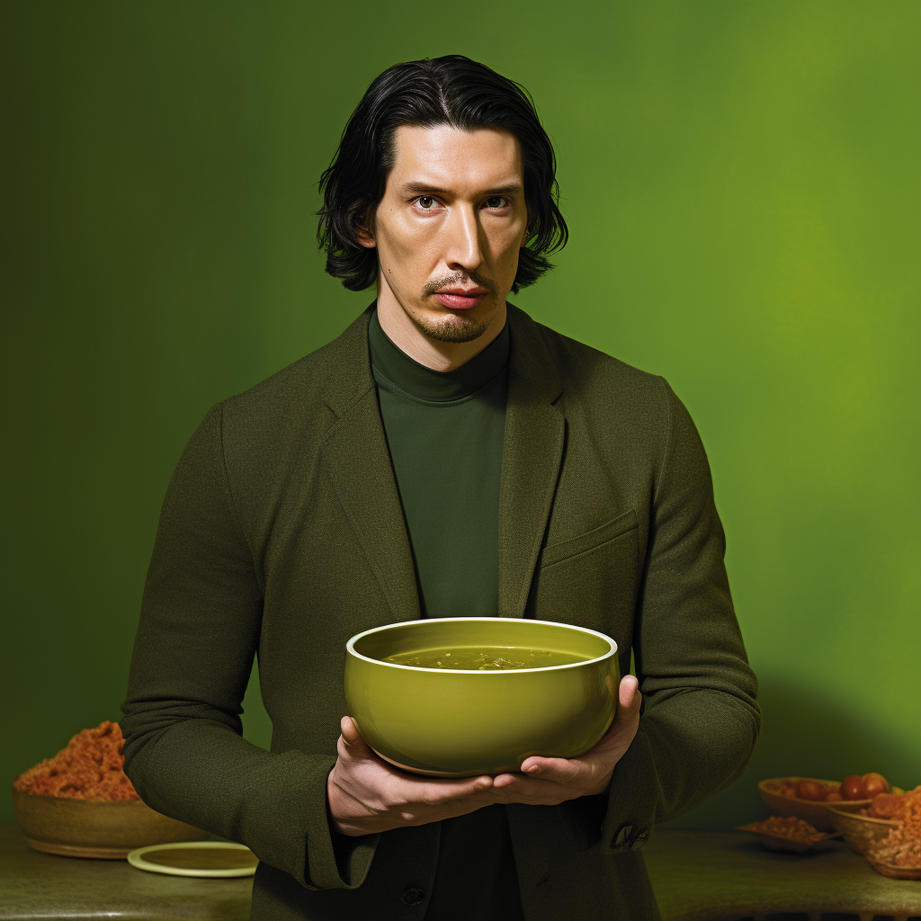 Adam Driver holding bowl of soup