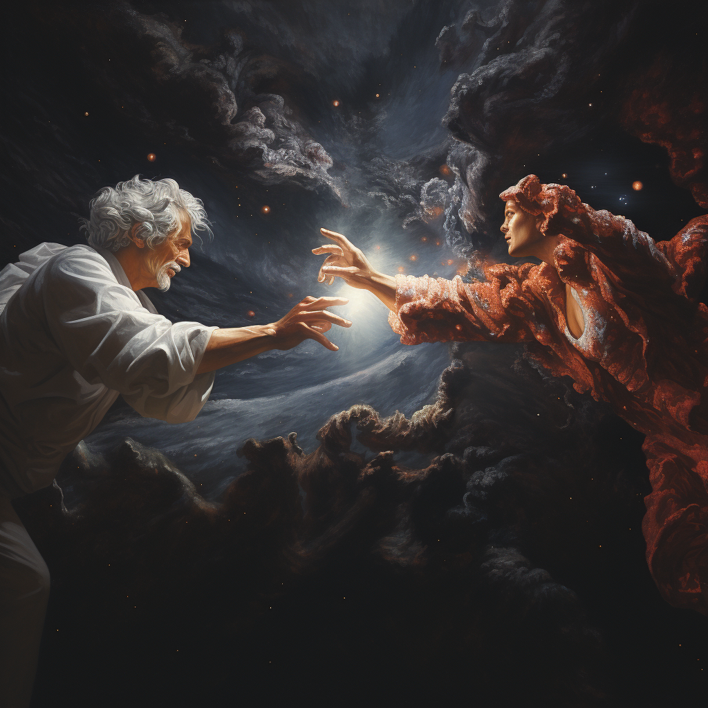 Adam and God touching fingers in futuristic setting