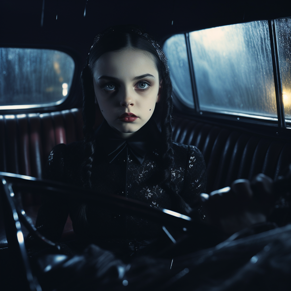 Wednesday Addams driving the Batmobile in Gotham