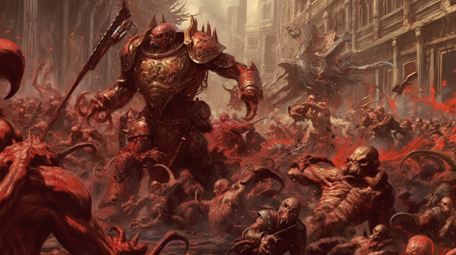 Adeptus Custodes fighting Bloodletters in detail