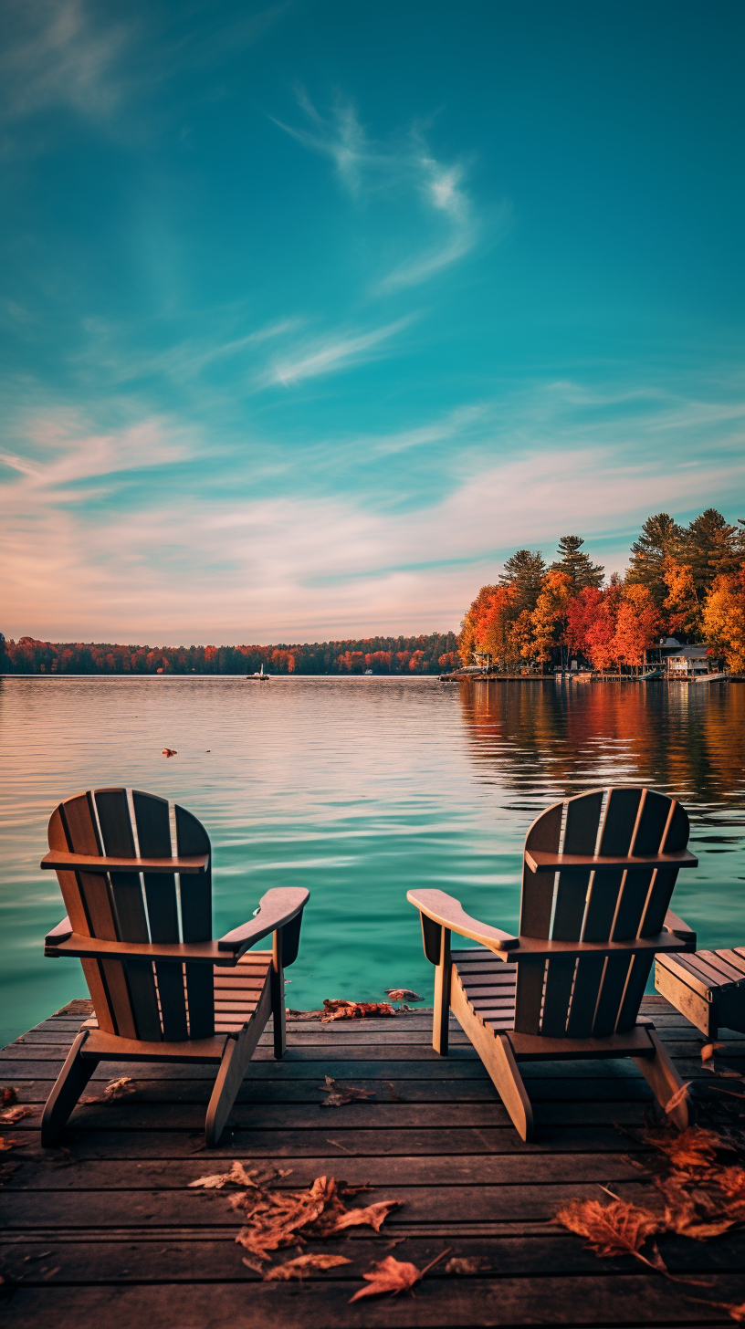 Adirondack chairs by the lake in autumn