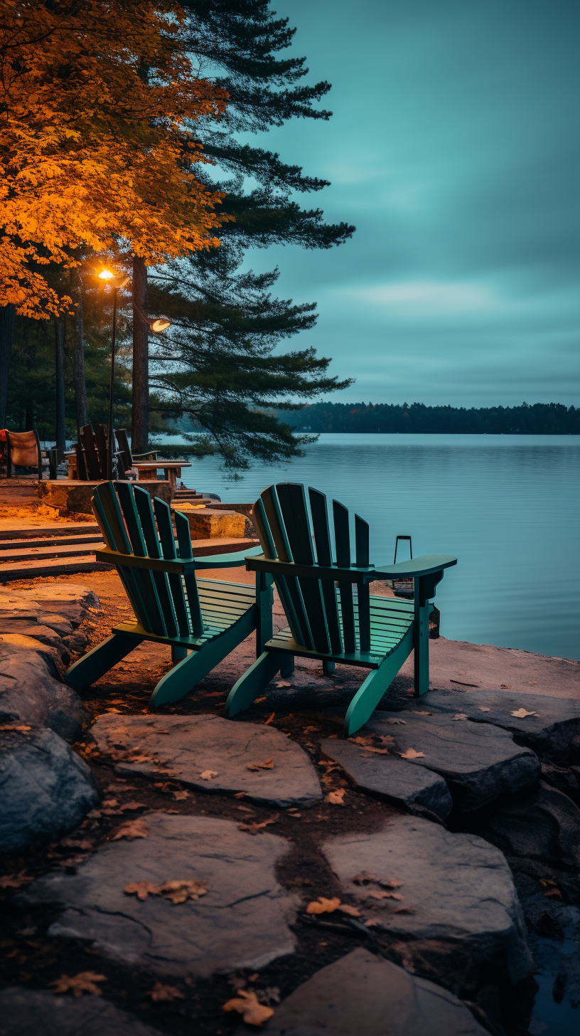 Adirondack chairs with blankets on lake pier