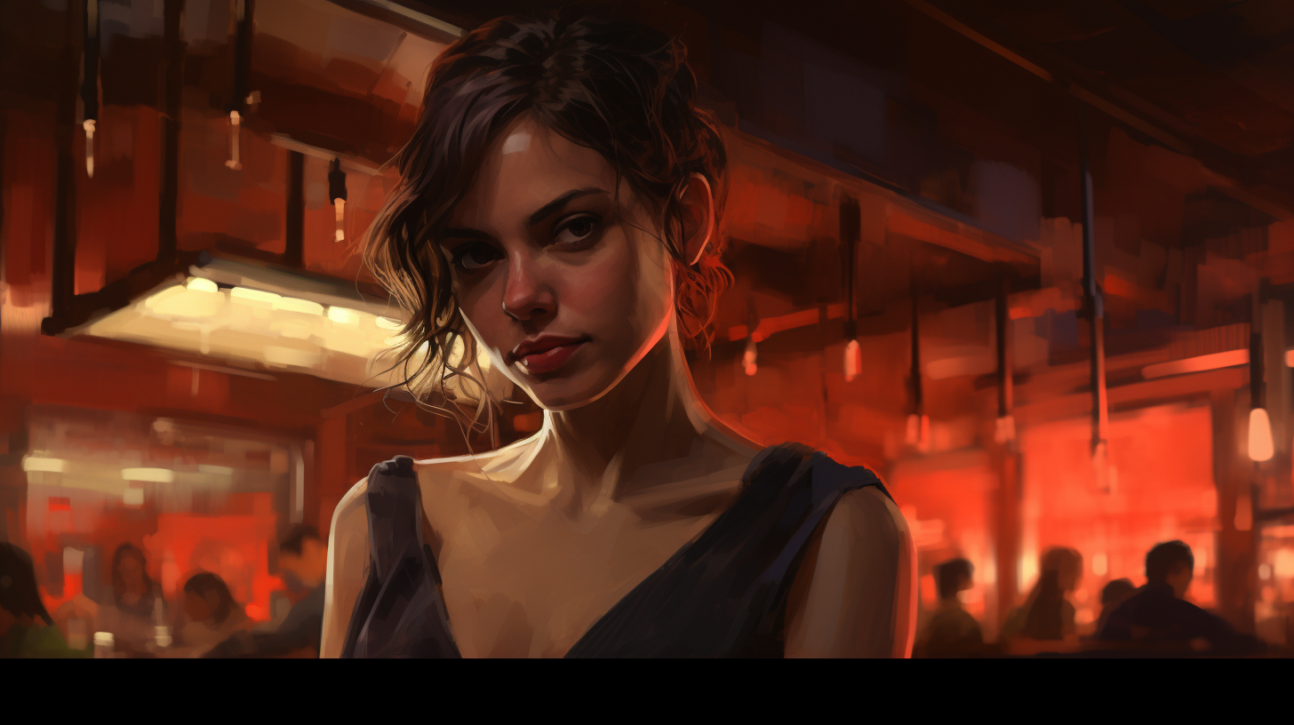 Girl with Bob Hairstyle in Red Dress at Bar