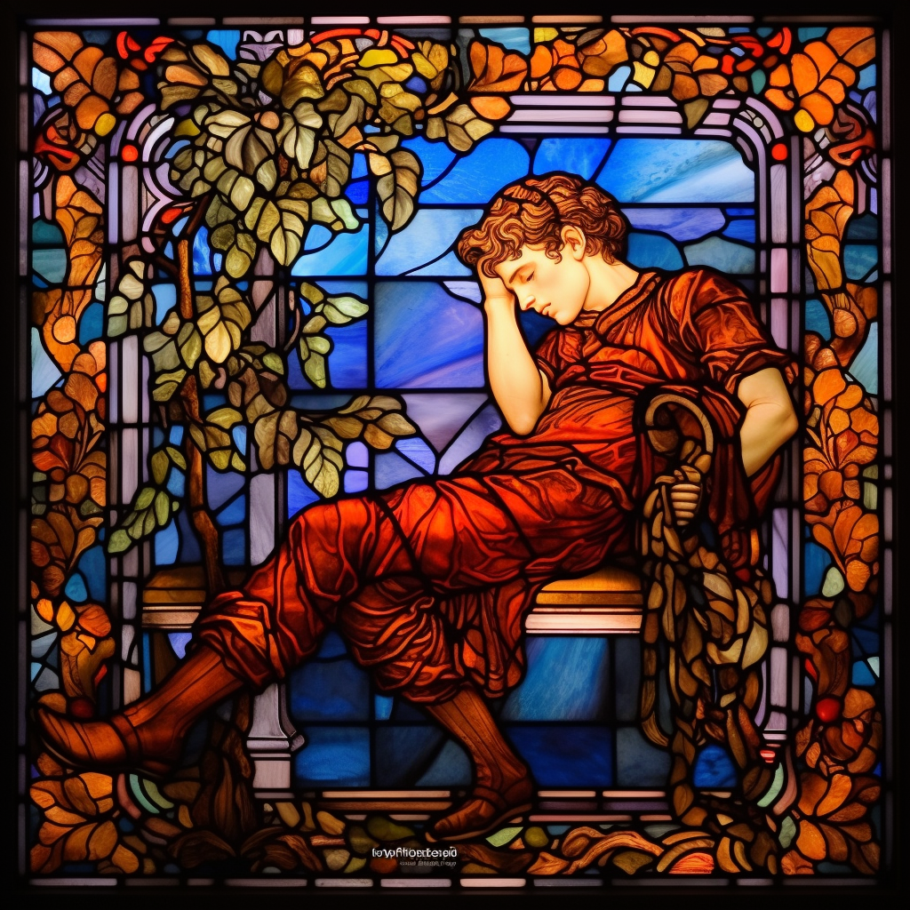 Resting Adonis in Tiffany Stained Glass